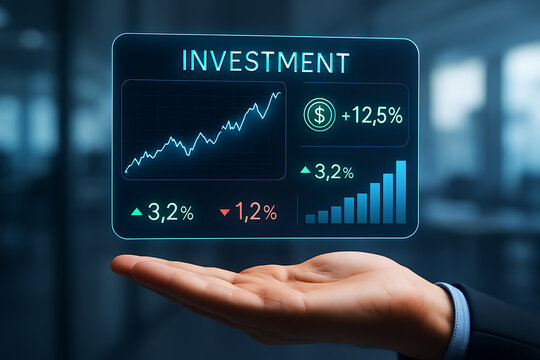 Businessman hand displaying a glowing investment chart with growth percentages over dark background concept for financial stock market analysis wealth management and smart future planning strategy