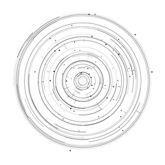 Abstract circular pattern with intricate orbital arcs and scattered dots, ideal for technology, science, or futuristic design projects, isolated on white background vector illustration