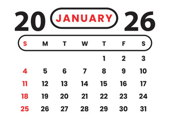 January 2026 Vertical Monthly Calendar. Sunday through Saturday Week. Includes Notes Section. Clean and Modern Planner Page Design. Flat design. Vector illustration