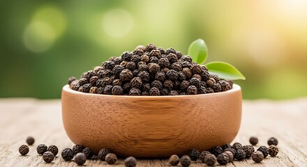 Heap of whole black peppercorns in a rustic wooden bowl, set in natural sunlight with a blurred green garden background. (19 words)