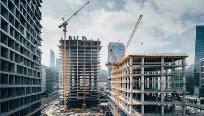高層ビルが建設される都市開発エリアのダイナミックな工事風景