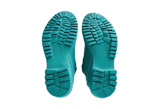 Teal Work Boots Soles Facing Up Against Black Background shoes footwear, Isolated On Transparent Background, Png