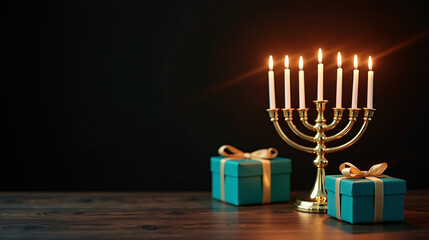 Elegant menorah with glowing candles and gifts