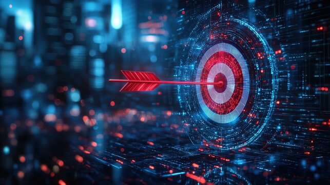 A futuristic target with a digital arrow, set against a glowing abstract background, symbolizes precision and focus in technology.