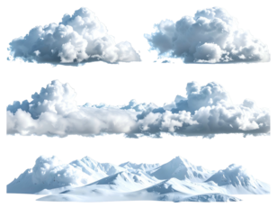 Realistic, fluffy clouds floating over snow-capped mountains