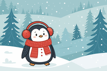 Depicting Penguin Winter Outfit Snowy Forest Back Beautiful High-Quality Stock Image