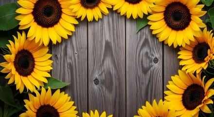 Obraz premium Sunflower wreath on rustic wood background with copy space