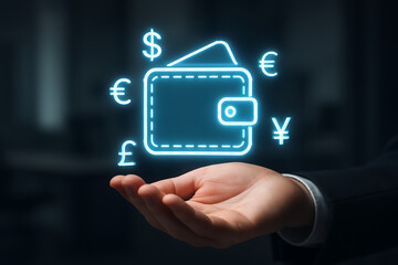 Businessman hand presenting a glowing wallet icon surrounded by multiple currency symbols concept for digital finance e-wallet mobile payment foreign exchange and global money management services