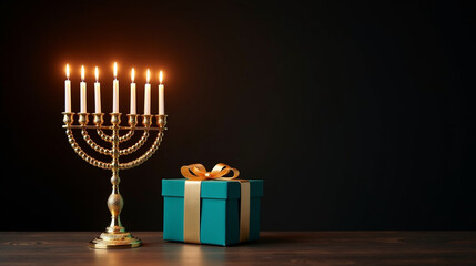 Hanukkah menorah glows beside elegant gift box