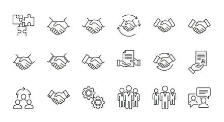 Collection of Line Art Handshake Icons Representing Agreement and Partnership Concepts.
