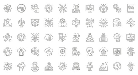 Collection of Line Art Icons Representing Artificial Intelligence and Technology Concepts.