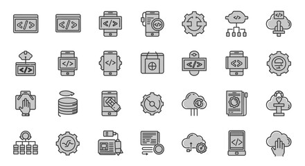Collection of Line Art Icons Representing Technology, Coding, and Cloud Computing Concepts.