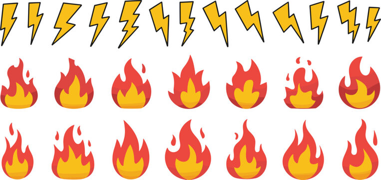 Collection of cartoon lightning bolts and fire flame icons thunder electricity