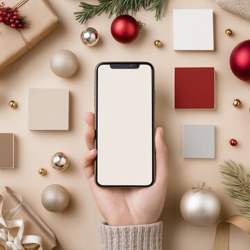 A mock-up of a phone with a New Year's mudboard. View from above. A woman holds a smartphone with an empty screen in her hand, surrounded by gift boxes, Christmas balls and a festive composition.