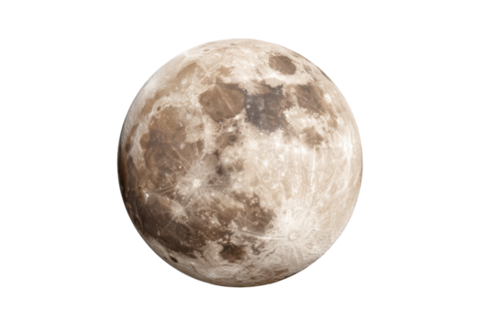 Detailed full moon with visible craters and maria against a black background lunar space, Isolated On Transparent Background, Png