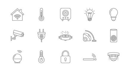 Collection of Line Art Smart Home Icons Representing Various Technologies and Devices.