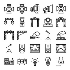Collection of Line Art Stage Lighting and Equipment Icons for Entertainment Venues.