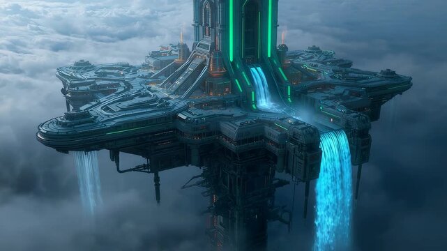 Massive floating platform rising above the clouds with towering structures and bright cascading blue waterfalls creating a dramatic atmospheric scene