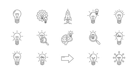 Collection of Linear Idea Generation Icons - Lightbulbs, Brain, Rocket, Gear, Arrow, Magnifying Glass.