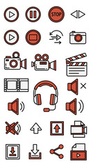 Collection of Media and Control Icons - Play, Pause, Stop, Camera, Sound, and More.