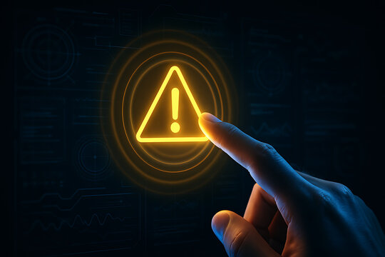 Finger touching a glowing yellow warning triangle with an exclamation point on a dark futuristic digital screen indicating a system issue or potential risk