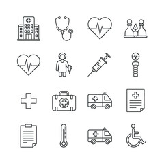 Collection of Medical and Healthcare Icons with Hospital and Ambulance.