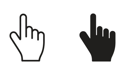Obraz premium Hand cursor icon set, featuring both outline and solid black designs, pointing upwards, symbolizing click or selection, isolated on white background.