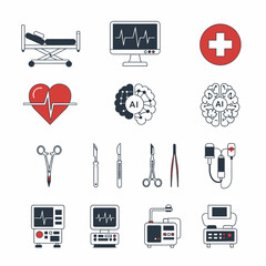 Collection of Medical Icons Depicting Healthcare, Surgery, and Diagnostic Tools.