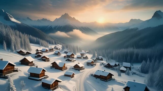 Snowy Mountain Village at Sunset with Cozy Cabins and Pine Forest image photo