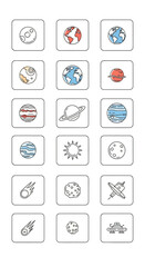 Collection of Hand-Drawn Planets and Celestial Bodies in Square Frames, Featuring Various Colors and Designs.