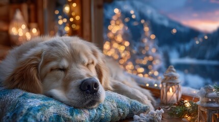 Cozy Golden Retriever Resting by a Window With Christmas Decorations and a Snowy Landscape in the Background