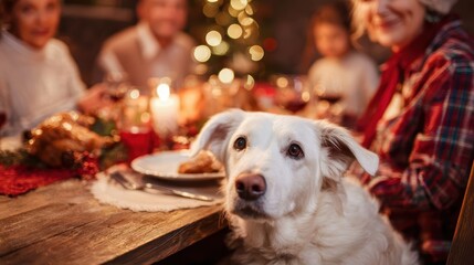 Family Gathering Around a Festive Table With a Dog During a Joyful Christmas Dinner Celebration