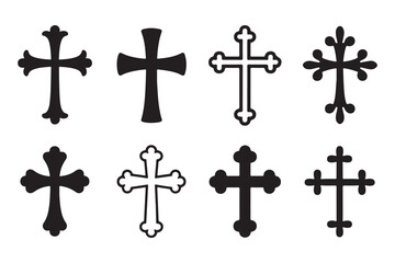  Collection of eight different christian cross symbols in silhouette style
