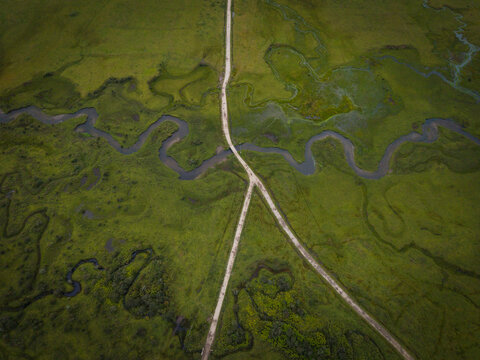 Aerial view of winding rivers cutting through the lush green valley floor, bisected by pale pathways in Phobjikha Valley, Nubding, Wangdue Phodrang, Bhutan.