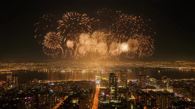 Spectacular Fireworks Display Over a Sparkling City Skyline at Night Keywords: fireworks, celebration, city, skyline, night, urban