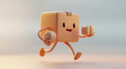 Fototapeta premium Happy 3D Box Character with Arms and Legs Running to Deliver Smiles