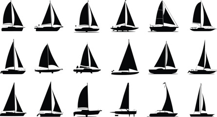 Fifteen Black Silhouette Icons of Sailboats and Yachts ship sailing