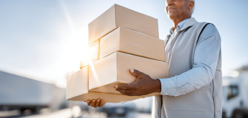 Dedicated worker carries several packages bright sun, showcasing effort involved logistics and delivery. This scene highlights importance of hard work overcoming challenges like natural disasters