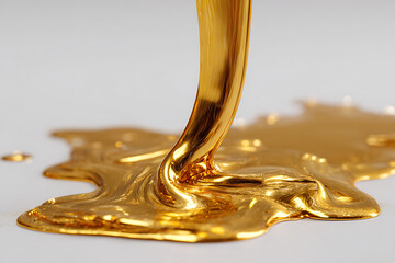 Viscous molten gold liquid dripping with radiant sheen 
