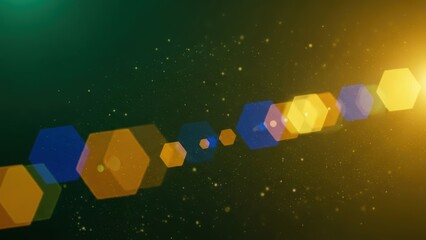 Abstract glowing hexagonal lens flare effect with bokeh and light particles on a dark green background