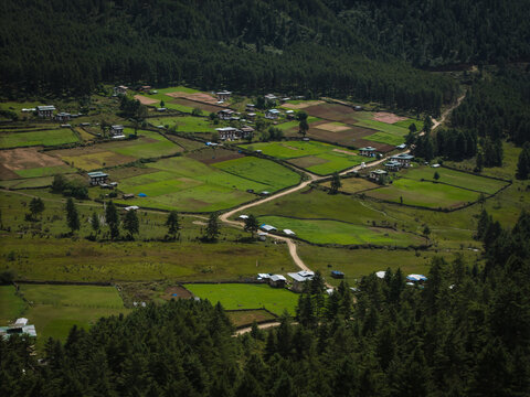 Aerial view of the tranquil Phobjikha Valley unfolds, a patchwork of emerald fields and traditional houses nestled amidst a fortress of evergreen forests, Nubding, Wangdue Phodrang, Bhutan.