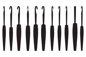  Row of crochet hooks in silhouette style on a white background