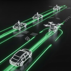 Futuristic Smart City Illustration with Neon Blue and Green Colors