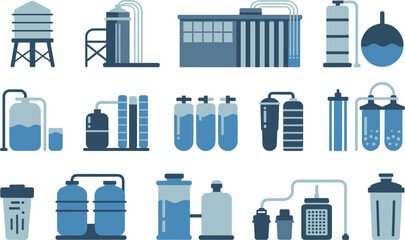 Icons representing water purification and filtration systems treatment