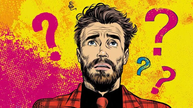 Confused Businessman Pop Art. Businessman Under Stress Surrounded by Question Marks on Colorful Background in Pop Art Retro Comic Style. Video