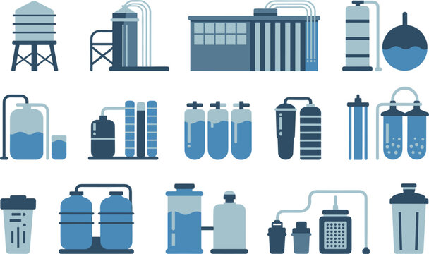 Icons representing water purification and filtration systems treatment