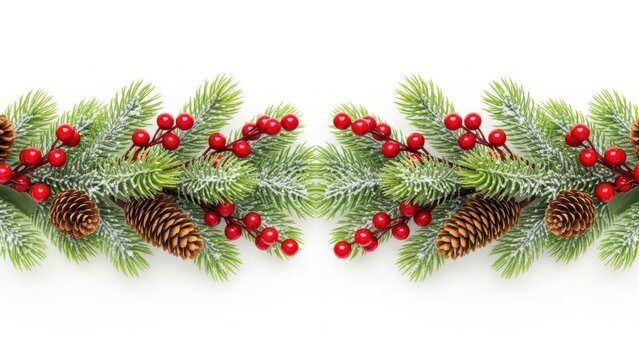 Festive christmas garland with pine cones and red berries on white background