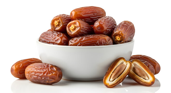 A closeup studio shot of a small white bowl filled with fresh, ripe brown dates, with several dates scattered around the base, isolated on transparent background