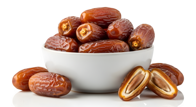 A closeup studio shot of a small white bowl filled with fresh, ripe brown dates, with several dates scattered around the base, isolated on transparent background