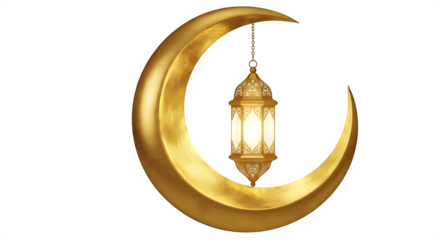 Elegant golden crescent moon with a traditional illuminated ramadan lantern hanging from its tip, isolated on transparent background, symbolizing islamic celebration and spirituality